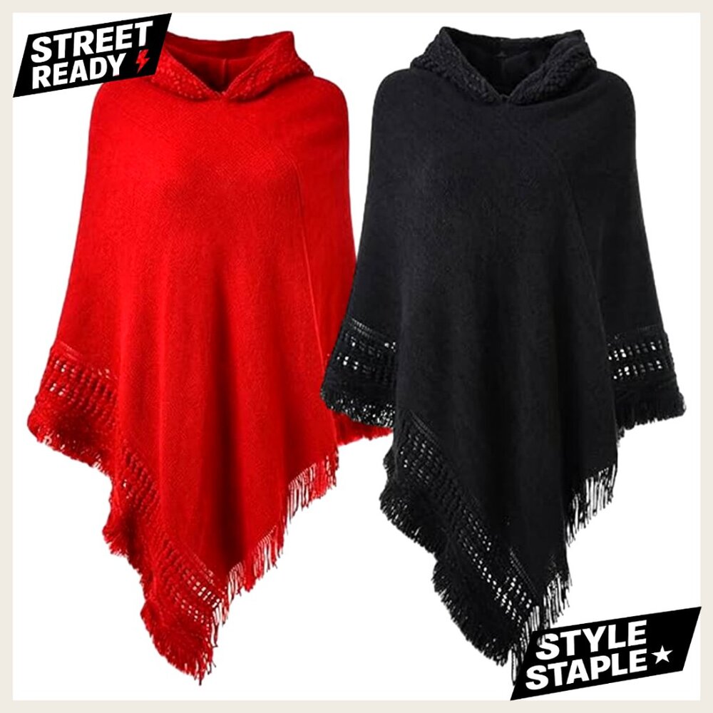 Oversized Hooded Poncho Sweater Shawl Cape Knitted Acrylic Fringed Hem